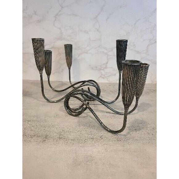 Pair Triple Light NAPIER Fluted Silverplate Candle Holders Mid-Century MOD EUC - Picture 6 of 16
